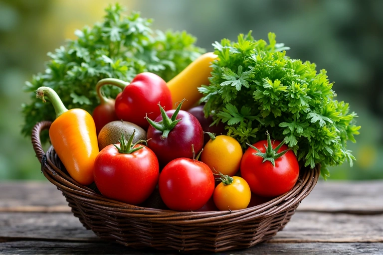 Basket of colorful fresh fruits and vegetables, vibrant and healthy, no text