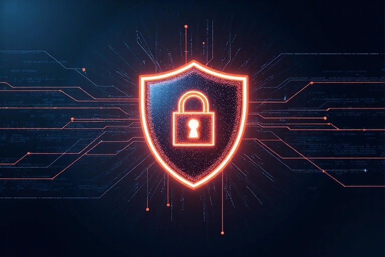 Un icono de escudo digital con un candado, rodeado de líneas de código y elementos de seguridad cibernética.