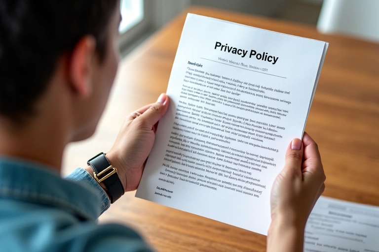 Una persona leyendo un documento con un candado simbolizando privacidad y seguridad de datos.