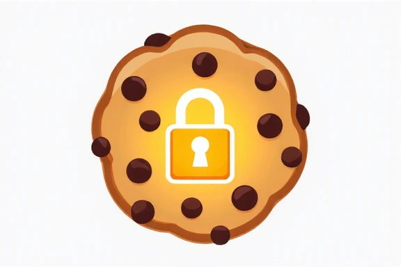 Una galleta digital con chips, representando las cookies de internet, con un candado pequeño en ella.